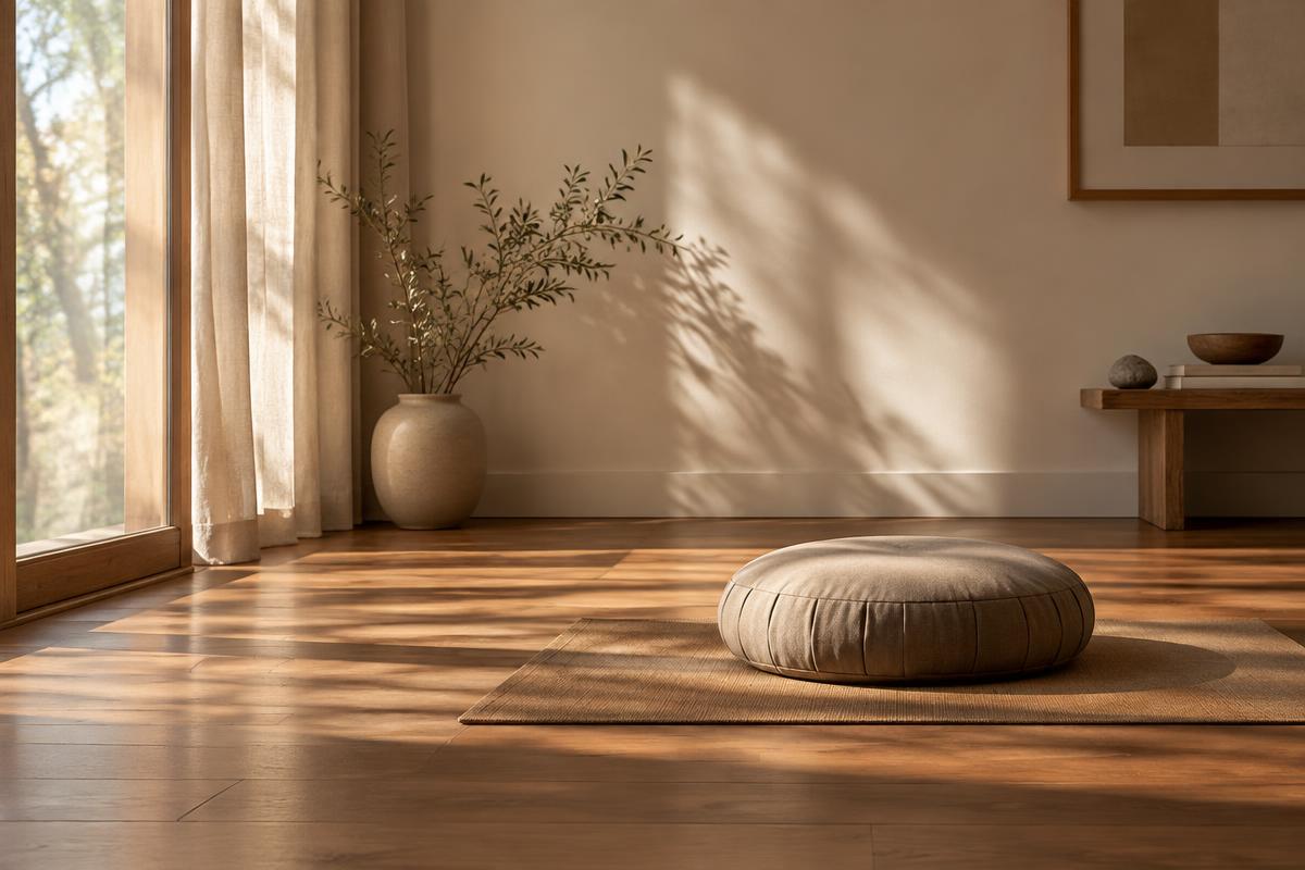 An empty meditation cushion in a quiet sunlit room