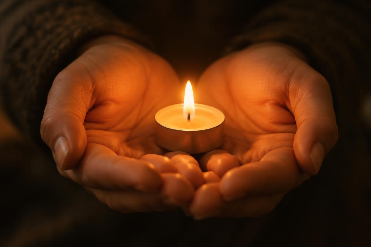 Two open hands cupping a small lit candle