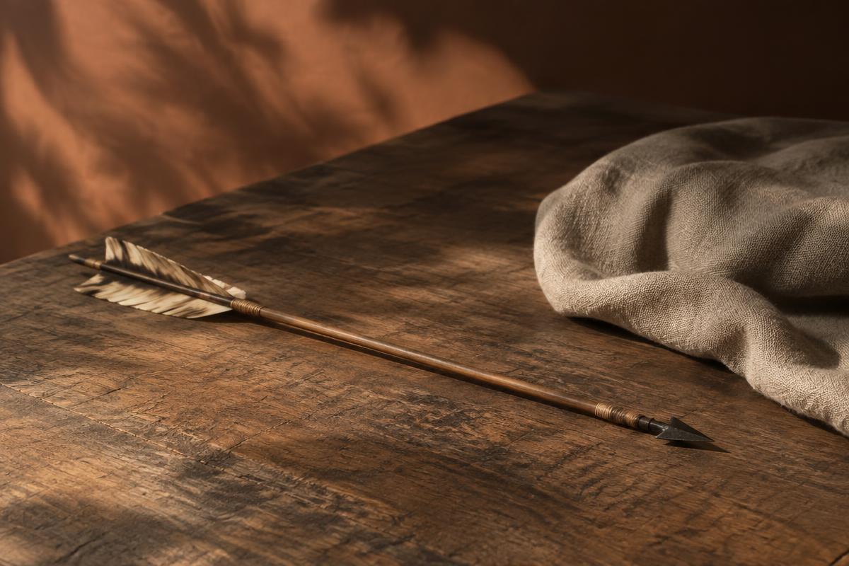 A single arrow resting on a weathered wooden table