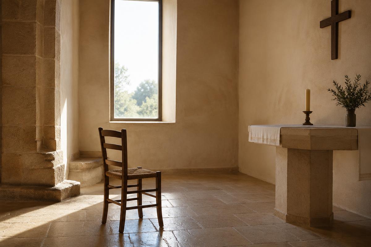 An empty chapel with a single wooden chair in quiet daylight