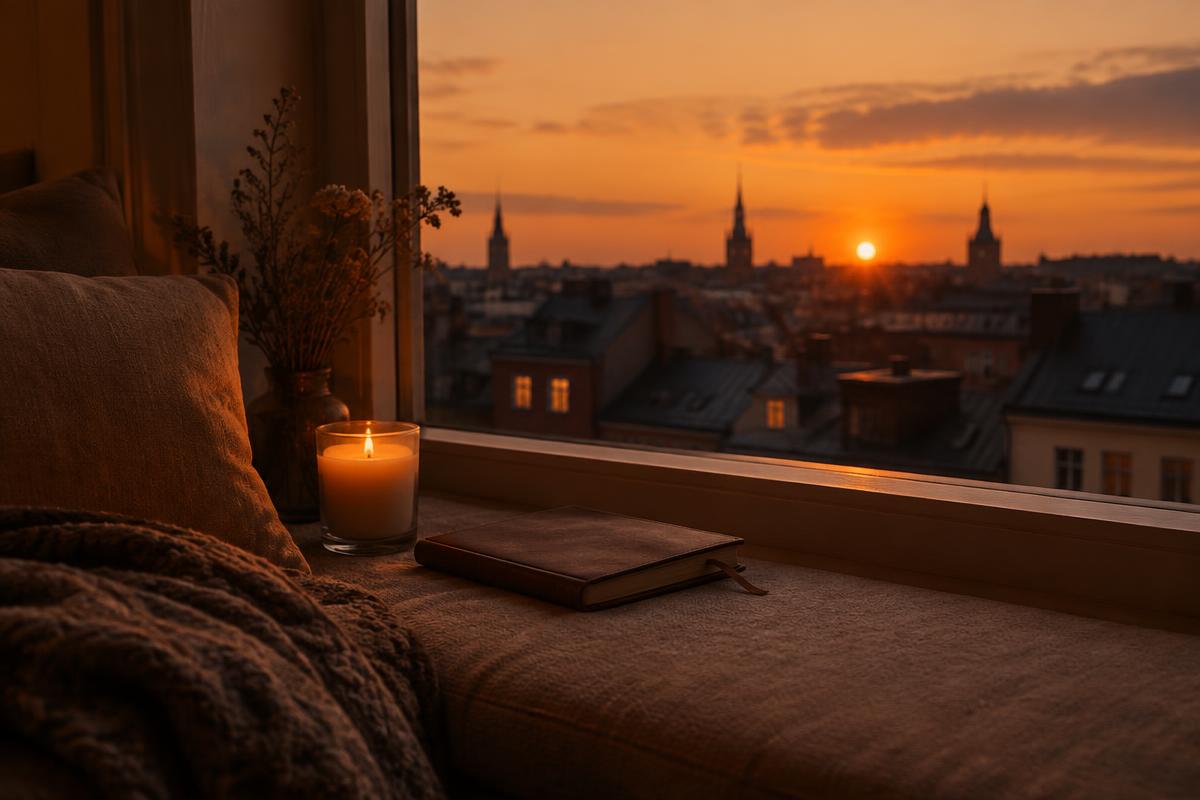 A window seat at dusk with a candle and a closed journal