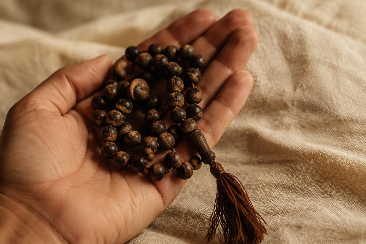 Worn wooden prayer beads resting in an open palm