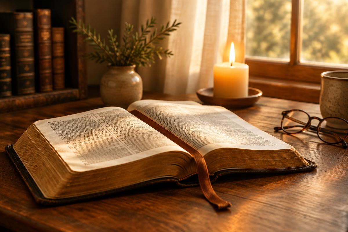 An open Bible with a ribbon marker beside a candle in warm light