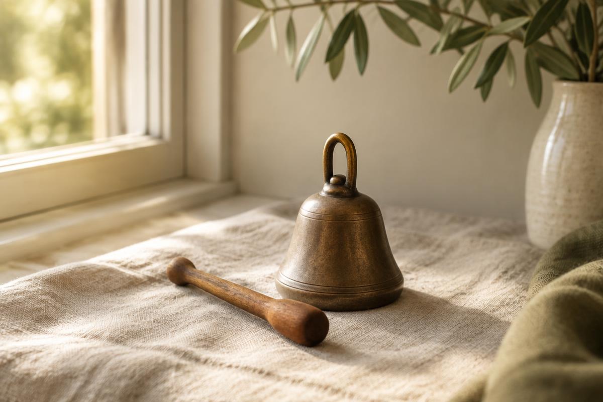 A small bronze mindfulness bell and striker resting in soft morning light