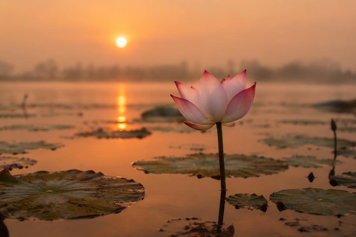 A lotus flower opening above still pond water at sunrise