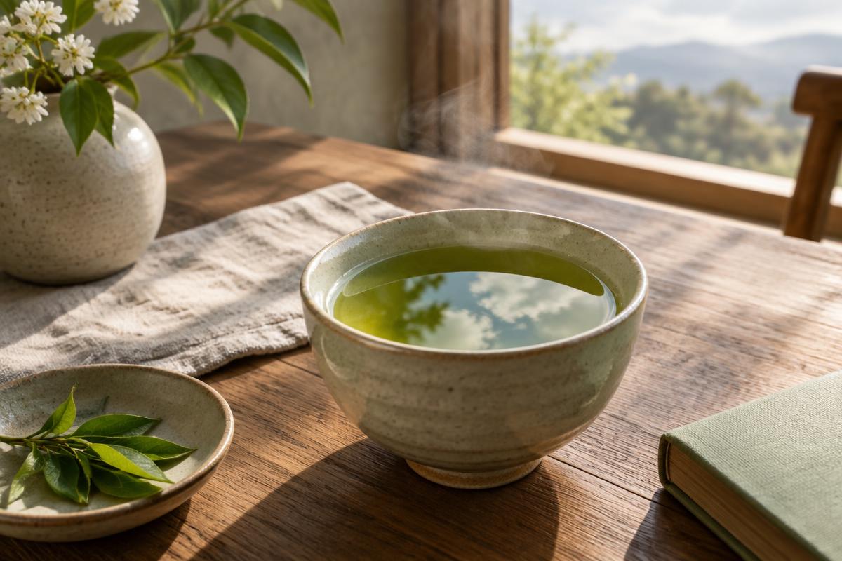 A bowl of green tea with clouds and sky reflected on its surface
