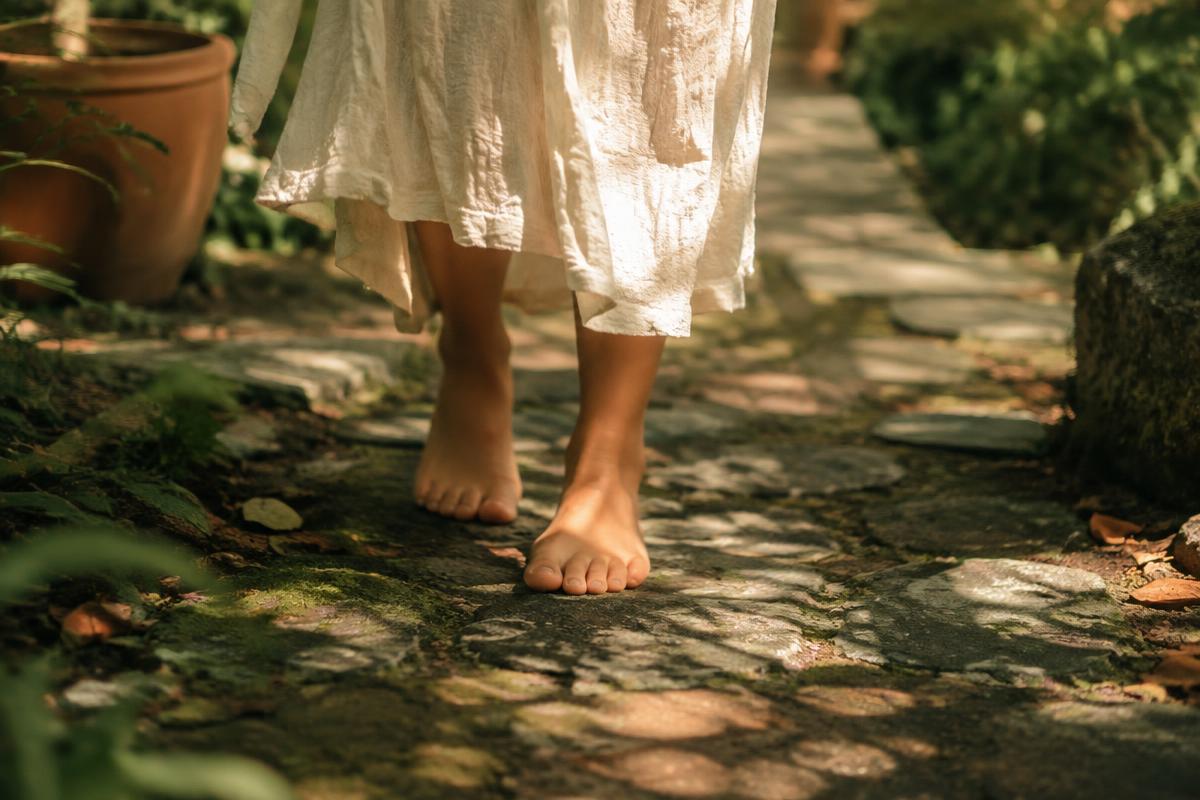 Bare feet walking slowly along a mossy stone garden path